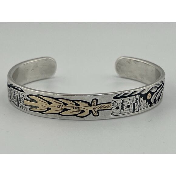 Native American 14k Yellow Gold End 925 Sterling Silver Cuff Bracelet Signed - Picture 1 of 16